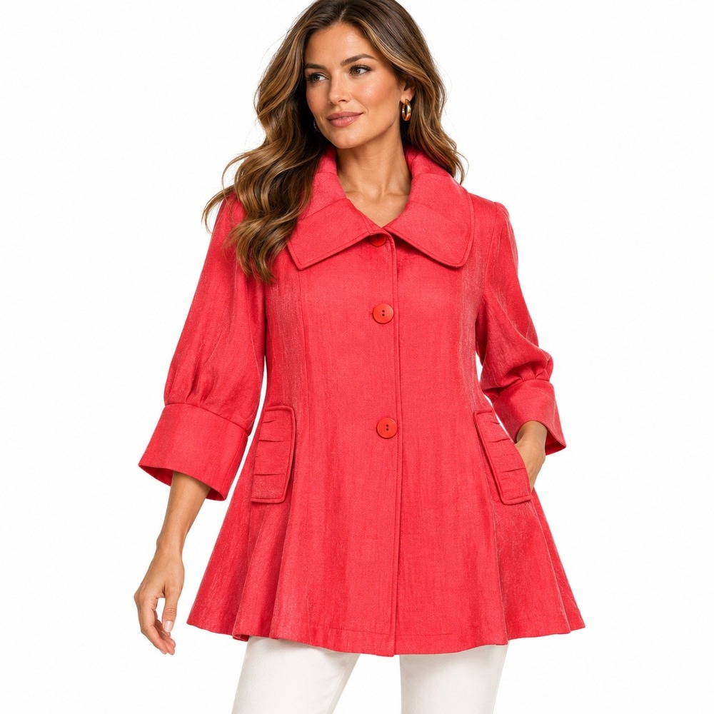 Damee Inc Jacket XL Coral Red Shimmer Art to Wear Avant Garde Portrait Collar